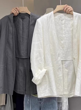 棉麻西装外套女薄款2025春夏新款时尚休闲高级感v领亚麻小西服女