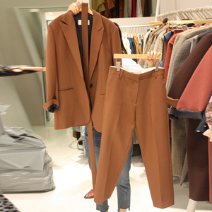 2018春季新款韩版休闲小西装外套女中长款西服九分裤套装两件套潮