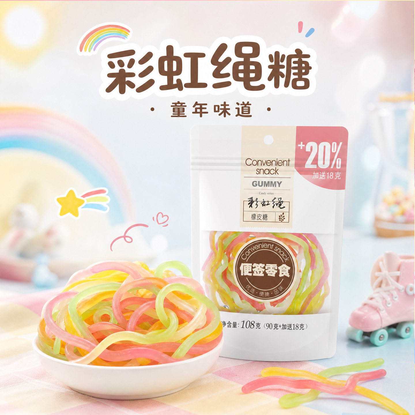 五彩绳软糖彩虹绳橡皮糖面条糖QQ糖果多彩水果味童年怀旧解馋零食