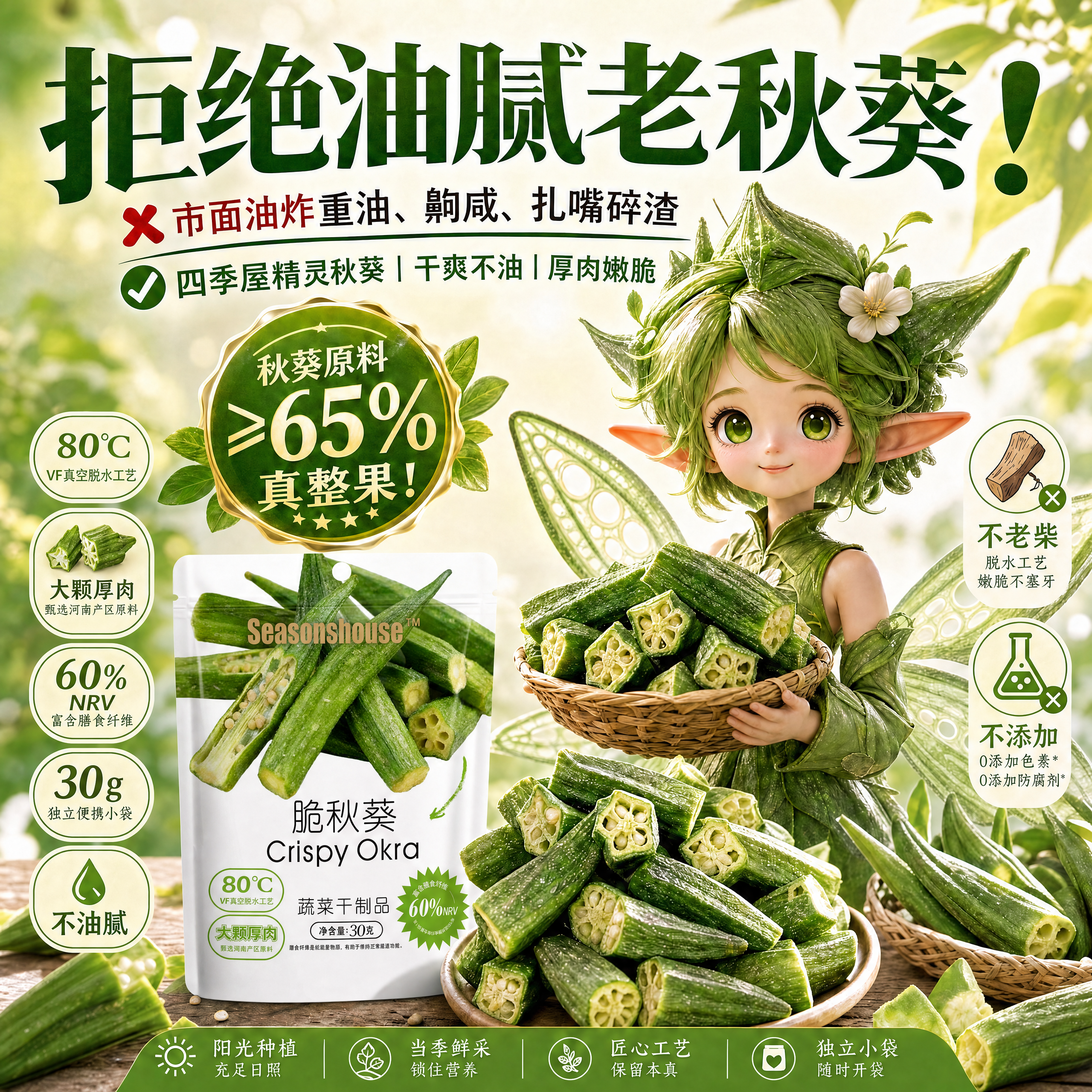 脆秋葵脱水果蔬脆原味秋葵干菌菇鹿茸菇即食蔬菜干整颗休闲小零食