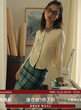 whiteiswhite 羊毛混纺短裙女冬新款复古格纹显瘦百搭a字半身裙