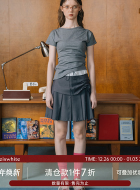 whiteiswhite灰色半身裙女2025夏季新款甜酷风抽绳系带百褶裙短裙