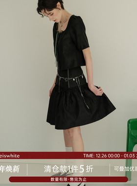 whiteiswhite甜酷套装裙方领上衣修身高腰蓬蓬裙显瘦遮胯A字短裙