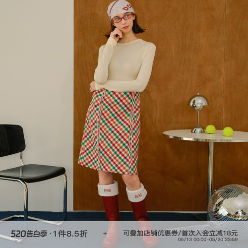复古彩虹格纹羊毛半身裙女春新款