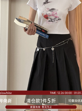 whiteiswhite黑色百褶半身裙女夏显瘦修身气质链条设计感A字短裙