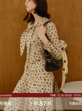 whiteiswhite 百褶裙两件套冬季新款橘色花朵印花飘带上衣半身裙