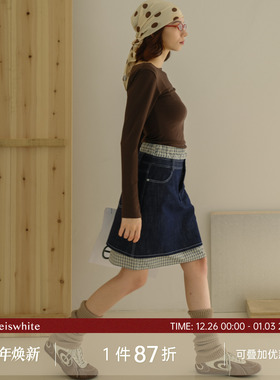 whiteiswhite原色牛仔假两件短裙2025冬季新款气质拼接半身牛仔裙
