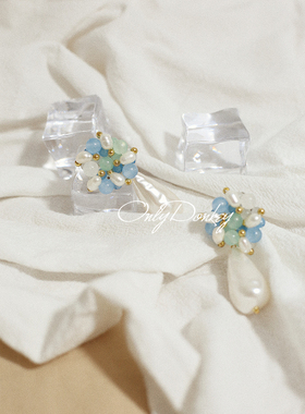 OnlyDonkey vintage手工自制天然玉石珍珠串珠无耳洞耳夹耳坠耳环