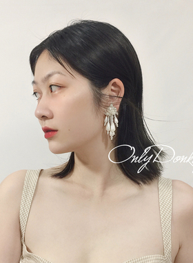 OnlyDonkey 手工自制珍珠水晶串珠流苏无耳洞耳夹耳坠耳钉耳环