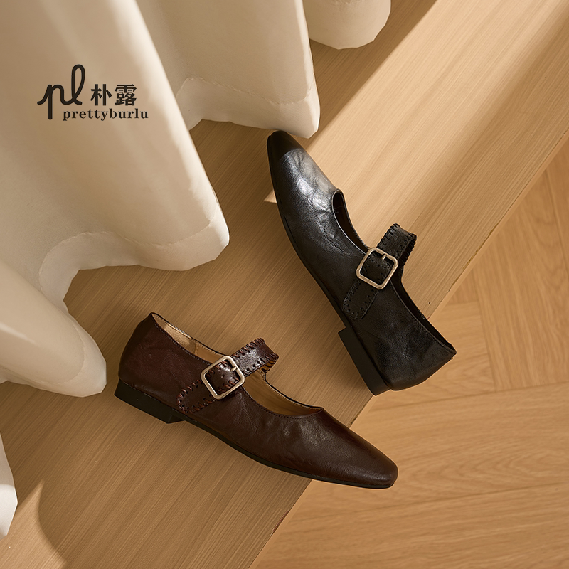 朴露手工浅口单鞋女2026新款春季气质皮面玛丽珍时尚通勤平底鞋