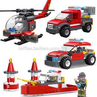 四件套消防车艇船直升机杰星幼儿园拼插灭火益智启蒙塑料玩具积木