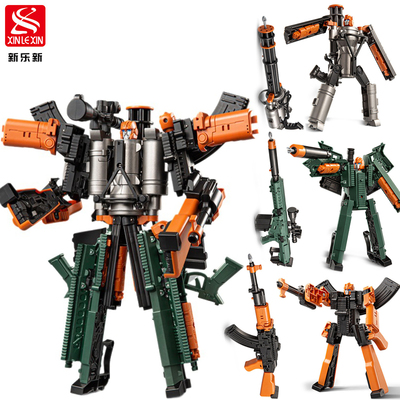 新乐新冲锋枪变形机甲积木玩具