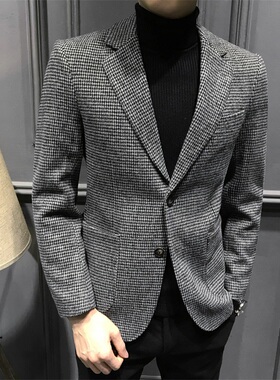 秋季高级格子西服男时尚百搭休闲单西礼服潮流商务帅气结婚西装