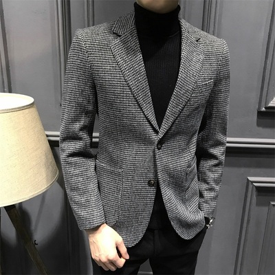 秋季高级格子西服男时尚百搭休闲单西礼服潮流商务帅气结婚西装