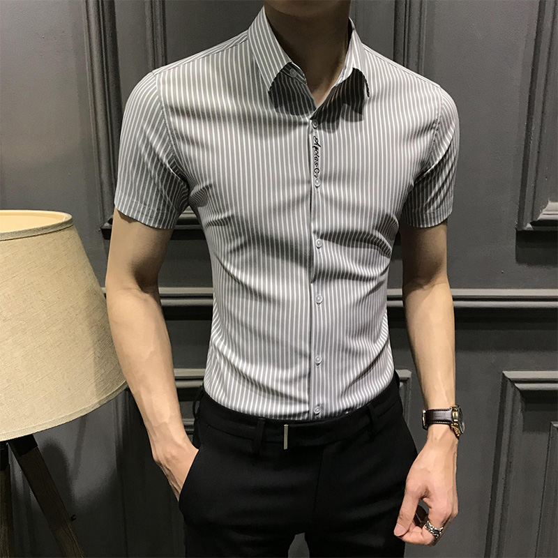 夏季新款男士条纹衬衫短袖2025商务休闲刺绣衬衣潮修身半袖上衣寸
