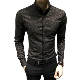 新款高级感设计碎花男士长袖衬衫秋季修身暗花衬衣帅气休闲免烫寸