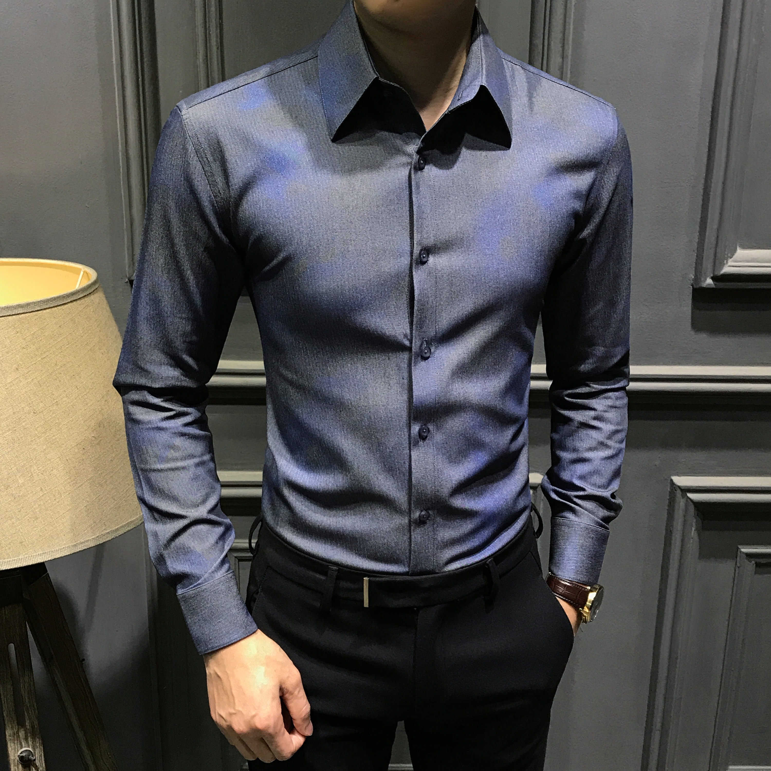 高级痞帅男士长袖衬衫秋冬韩版抗皱修身衬衣新款休闲商务男装免烫