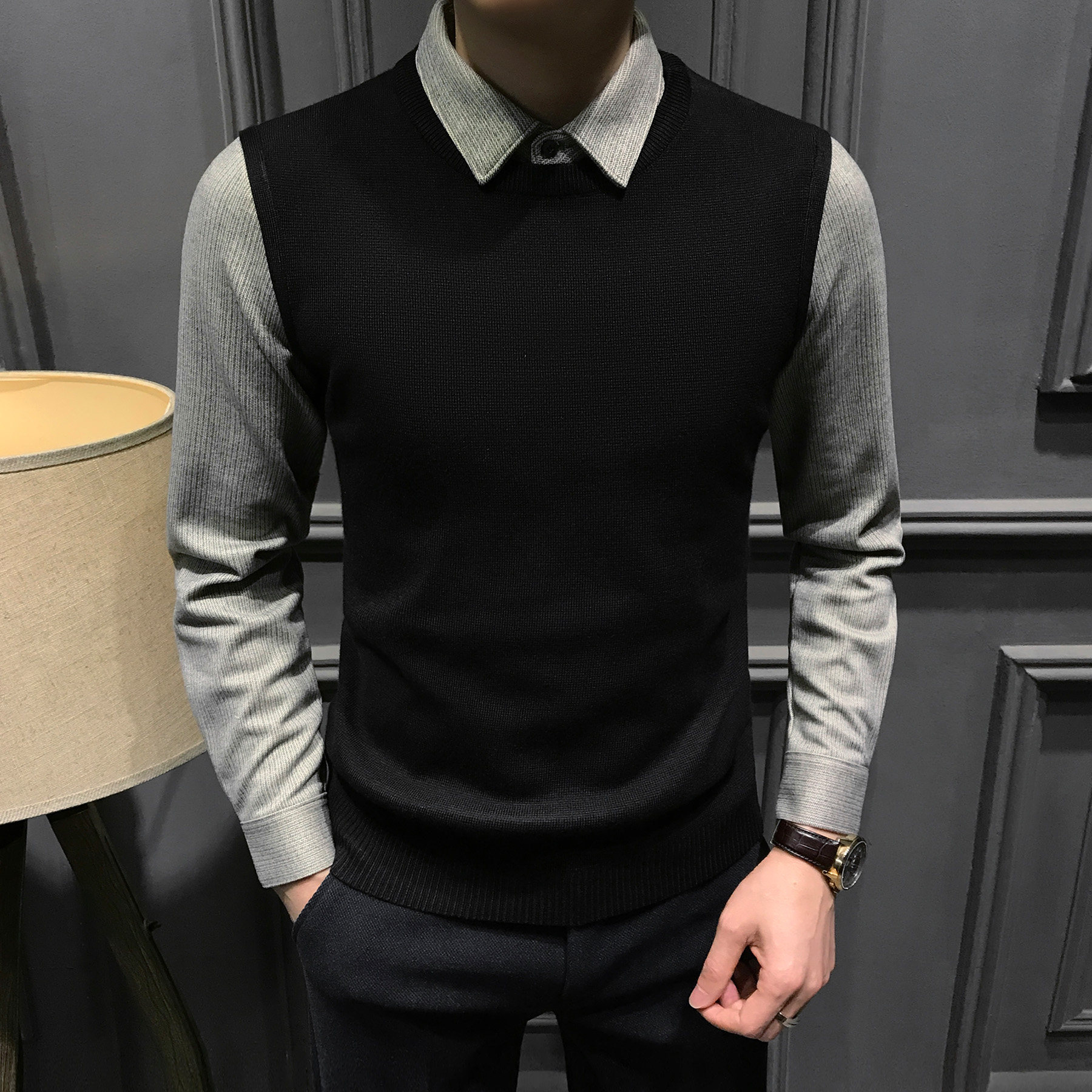 冬季高级假两件毛衣男2025新款衬衫领针织衫秋冬修身休闲商务毛衫,男装,针织衫/毛衣,淘宝优惠券,粉丝福利购,淘宝优惠卷