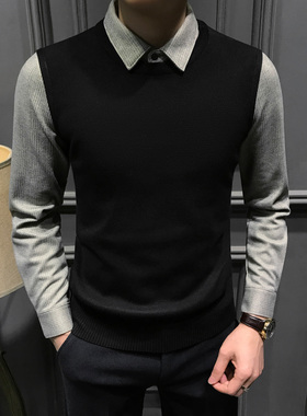 冬季高级假两件毛衣男2025新款衬衫领针织衫秋冬修身休闲商务毛衫
