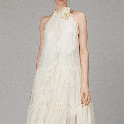 【LACERTA/莱瑟塔 设计师品牌】25夏季中长裙立体花朵挂脖连衣裙