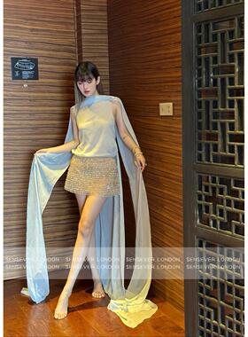 正品授权MONTSAND25ss高定秀款香槟水晶飘带连衣裙