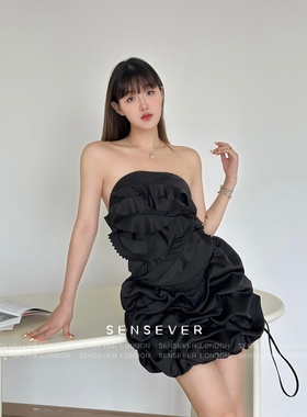 正品越南MUSTHAVE新24FW黑色多层花边抹胸云朵褶皱泡芙半裙