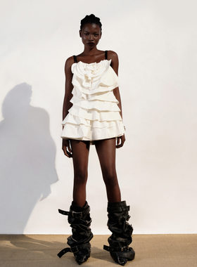 正品DATT越南小众品牌2024年春夏新款层叠荷叶边短连衣裙