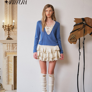 PURA2025秋季 女上衣薄款 新品 饰针织衫 蕾丝花边拼色蝴蝶结装 ARTE