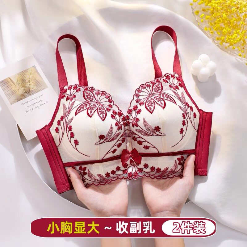 无钢圈加厚聚拢小胸显大内衣女收副乳调整型上托防下垂刺绣文胸罩