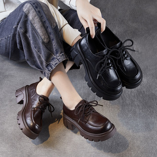 真皮复古小皮鞋女春秋新款粗跟厚底乐福鞋增高低帮英伦风系带单鞋