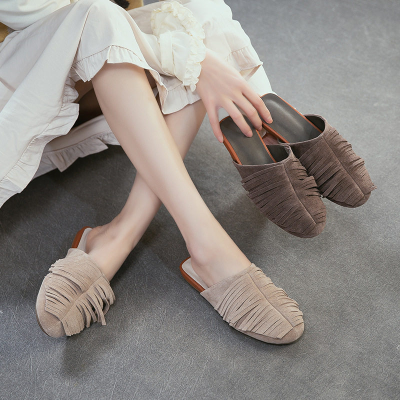 法式小众流苏反绒牛皮包头拖鞋女夏季外穿平底勃肯凉拖软底半拖潮