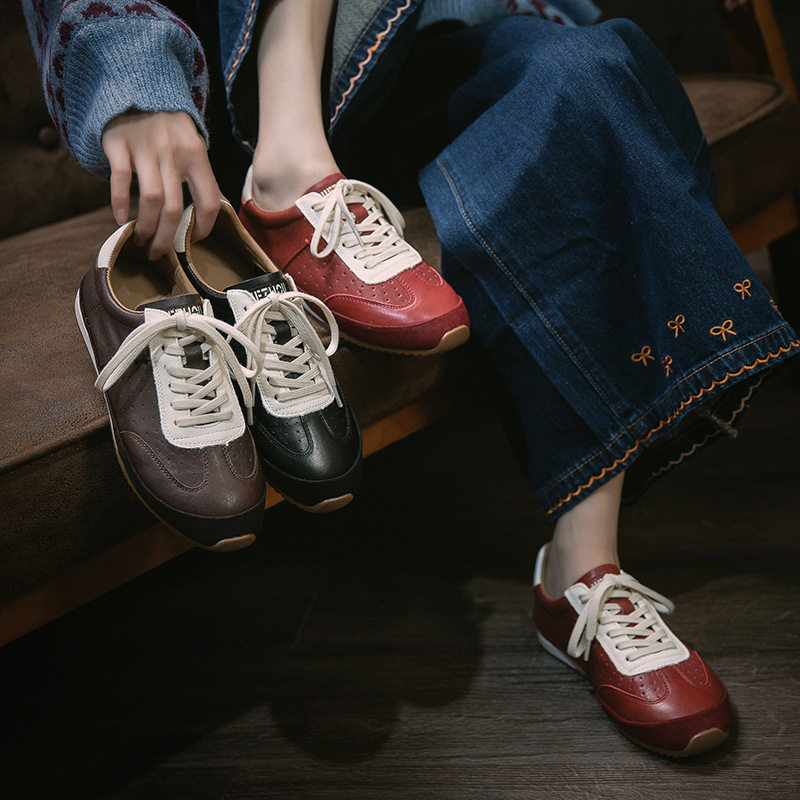 头层牛皮拼色德训鞋女2026春季新款平底百搭运动风单鞋软底休闲鞋,女鞋,时尚休闲鞋,淘宝优惠券,粉丝福利购,淘宝优惠卷