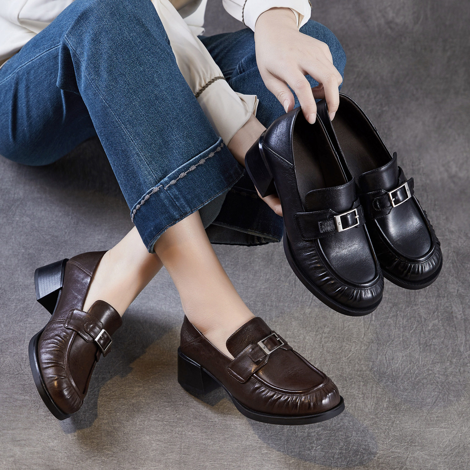 英伦皮带扣厚底乐福鞋女春秋真皮褶皱粗跟小皮鞋懒人一脚蹬单鞋潮