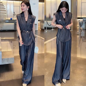 欧洲站时尚名媛套装女2023夏款高级感西装领上衣高腰阔腿裤两件套