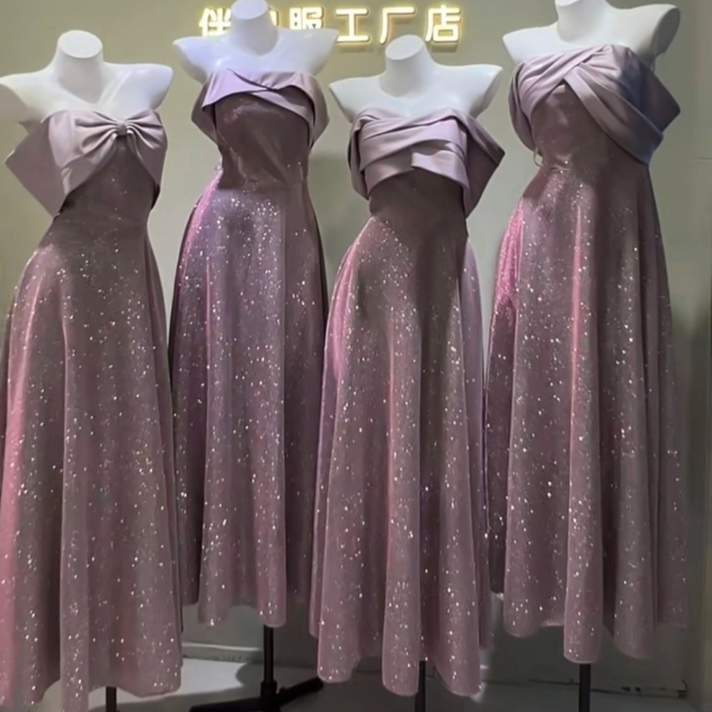 一字肩晚礼服伴娘婚礼宴会高级感艺考主持连衣裙舞台超仙敬酒服女