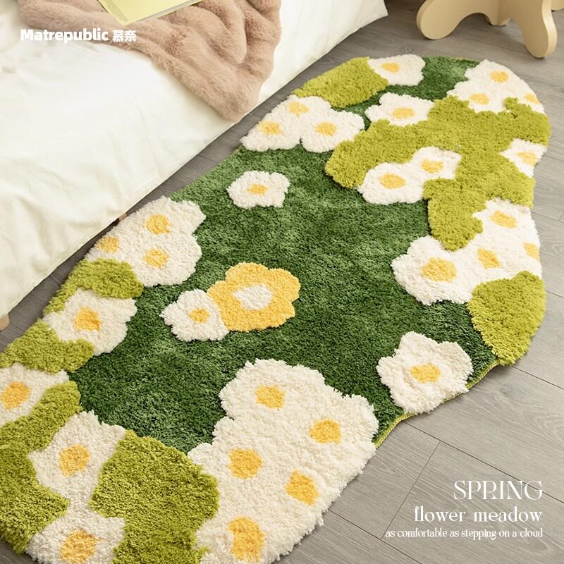 苔藓地毯植绒床边客厅家用田园风耐脏小花地毯垫卧室地毯客厅地垫