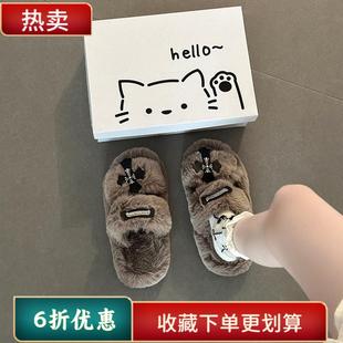 女2025秋冬可爱外穿时尚 软绵绵毛毛休闲拖鞋 十字架居家用室内毛拖