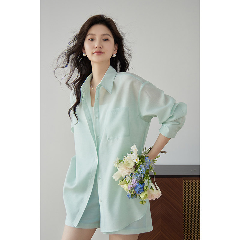 嘉茱莉新款薄荷曼波天丝防晒衬衫女夏季防晒衣法式小众上衣防晒衫