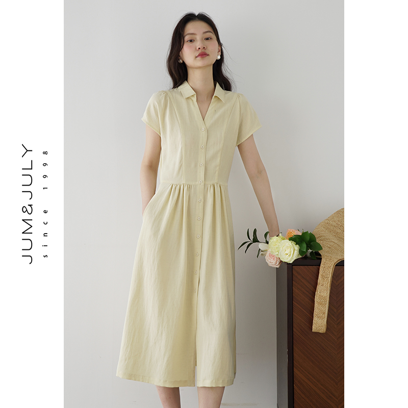 嘉茱莉法式复古V领短袖衬衫连衣裙女2025夏季新款收腰显瘦长裙