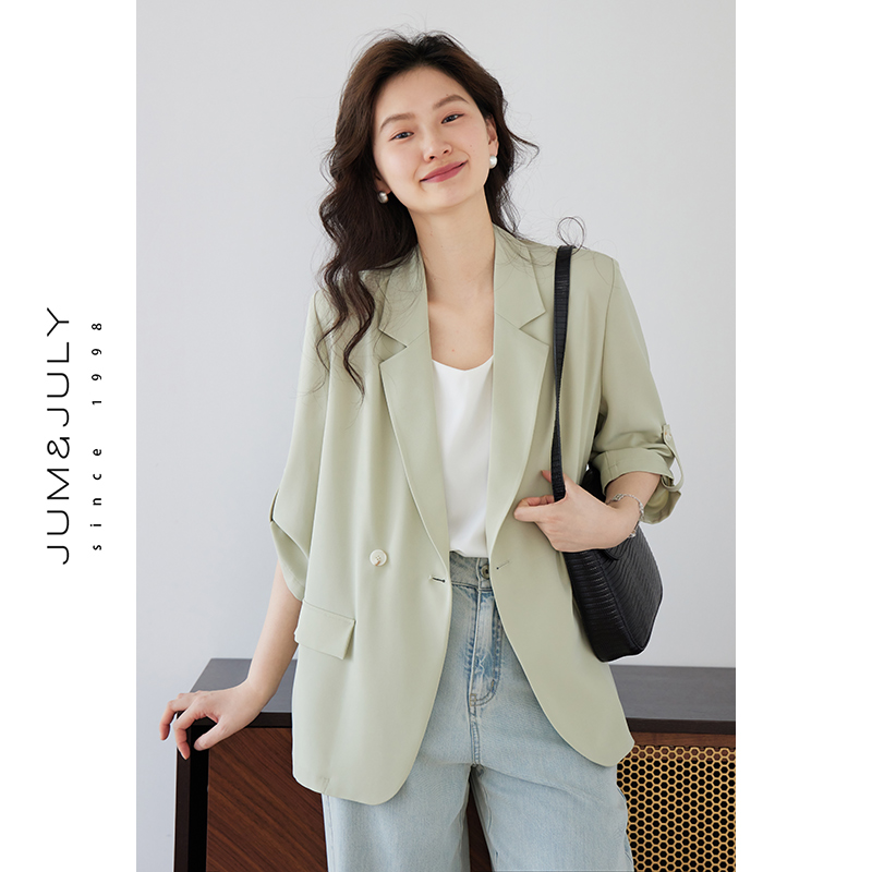 嘉茱莉夏季薄款短袖西装外套女2025新款通勤休闲上衣一粒扣西服