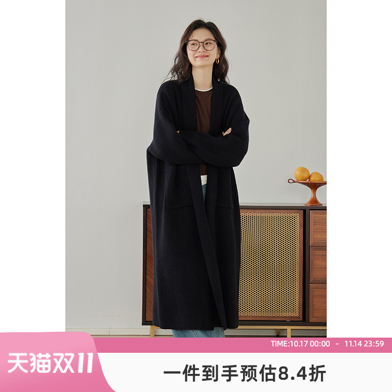 嘉茱莉2025春季新款长款针织开衫外套女宽松针织上衣V领毛衣毛衫