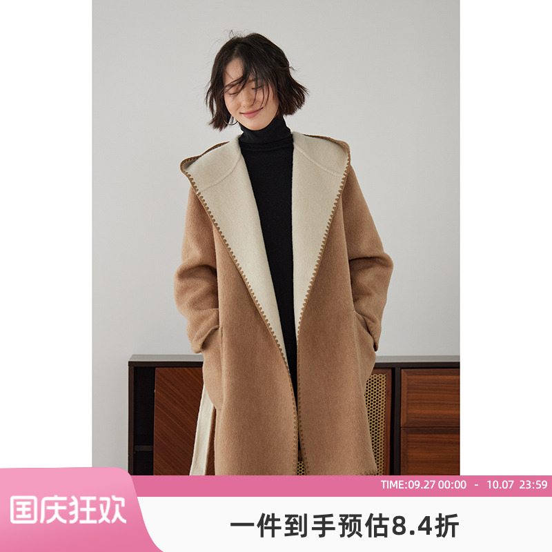 嘉茱莉2025秋冬新款连帽双面穿绵羊毛大衣女小个子中长款毛呢外套
