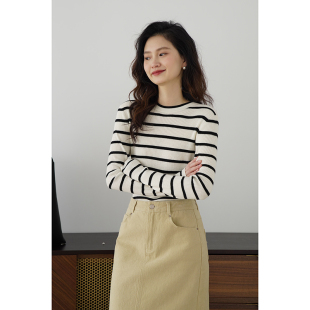 打底衫 嘉茱莉2025春季 女圆领套头条纹针织上衣修身 羊毛针织衫 新款