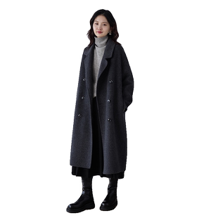 嘉茱莉秋冬新款深灰色羊毛双面毛呢大衣女毛呢大衣赫本风冬天外套