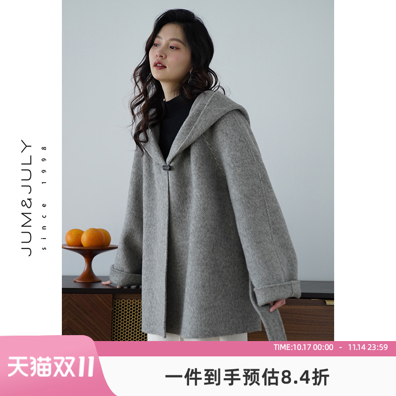 嘉茱莉连帽牛角扣大衣新款双面呢大衣外套女小个子短款羊毛外套