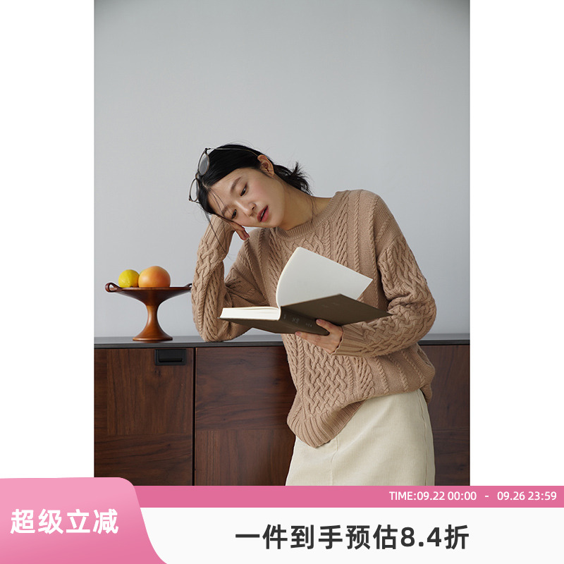 嘉茱莉2025春季新款1OO羊毛针织上衣女麻花圆领套头圆领毛衣薄款
