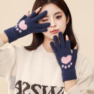 手套女秋冬季开车骑行防寒保暖加厚韩版触屏露二指新款露指头手套