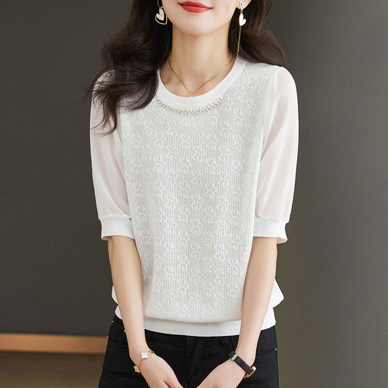 冰丝雪纺短袖t恤女夏季2025新款洋气纱袖拼接上衣减龄薄款针织衫