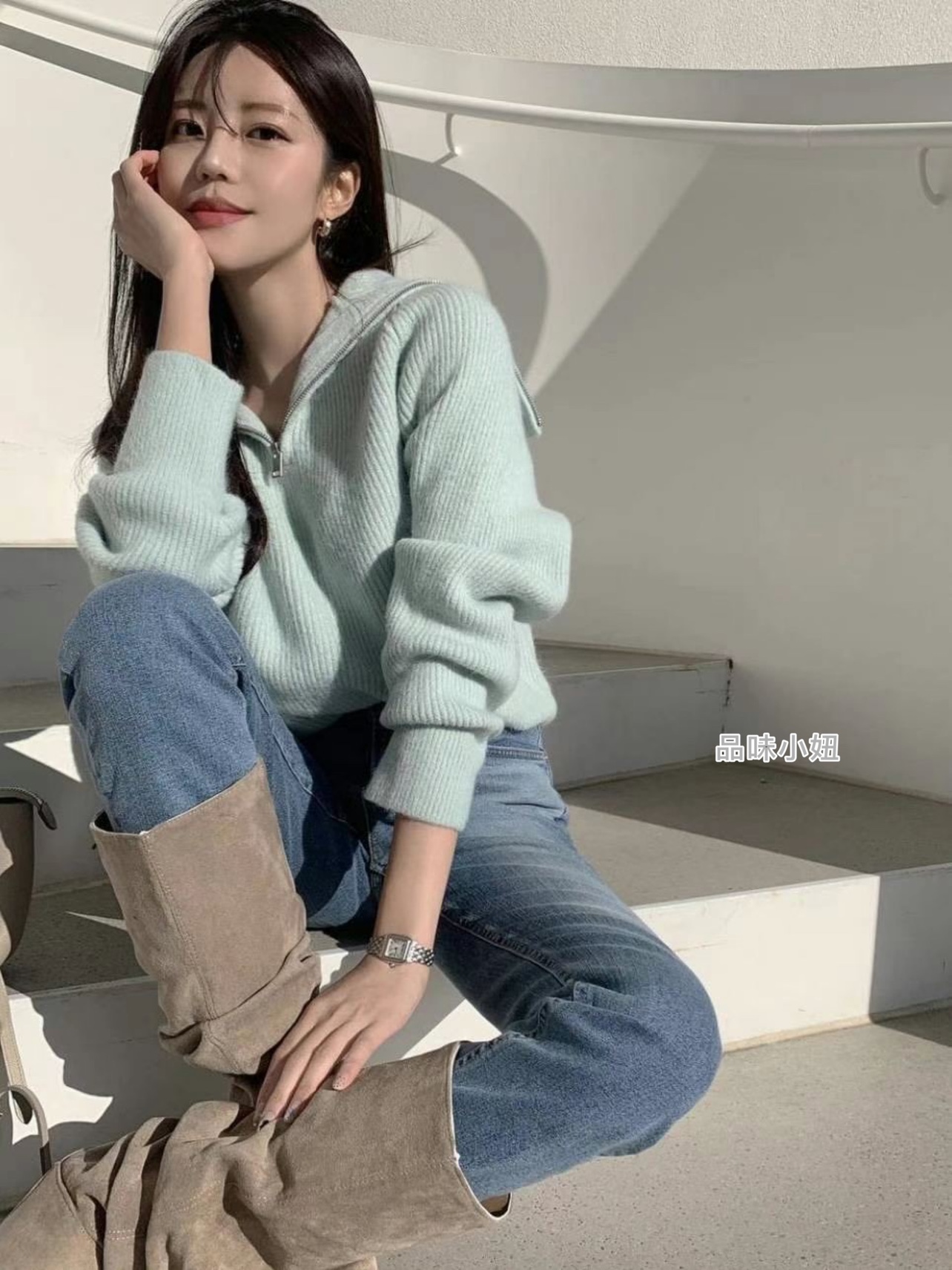 韩国直邮包邮2023年春季女装东大门 her拉链翻领套头针织衫