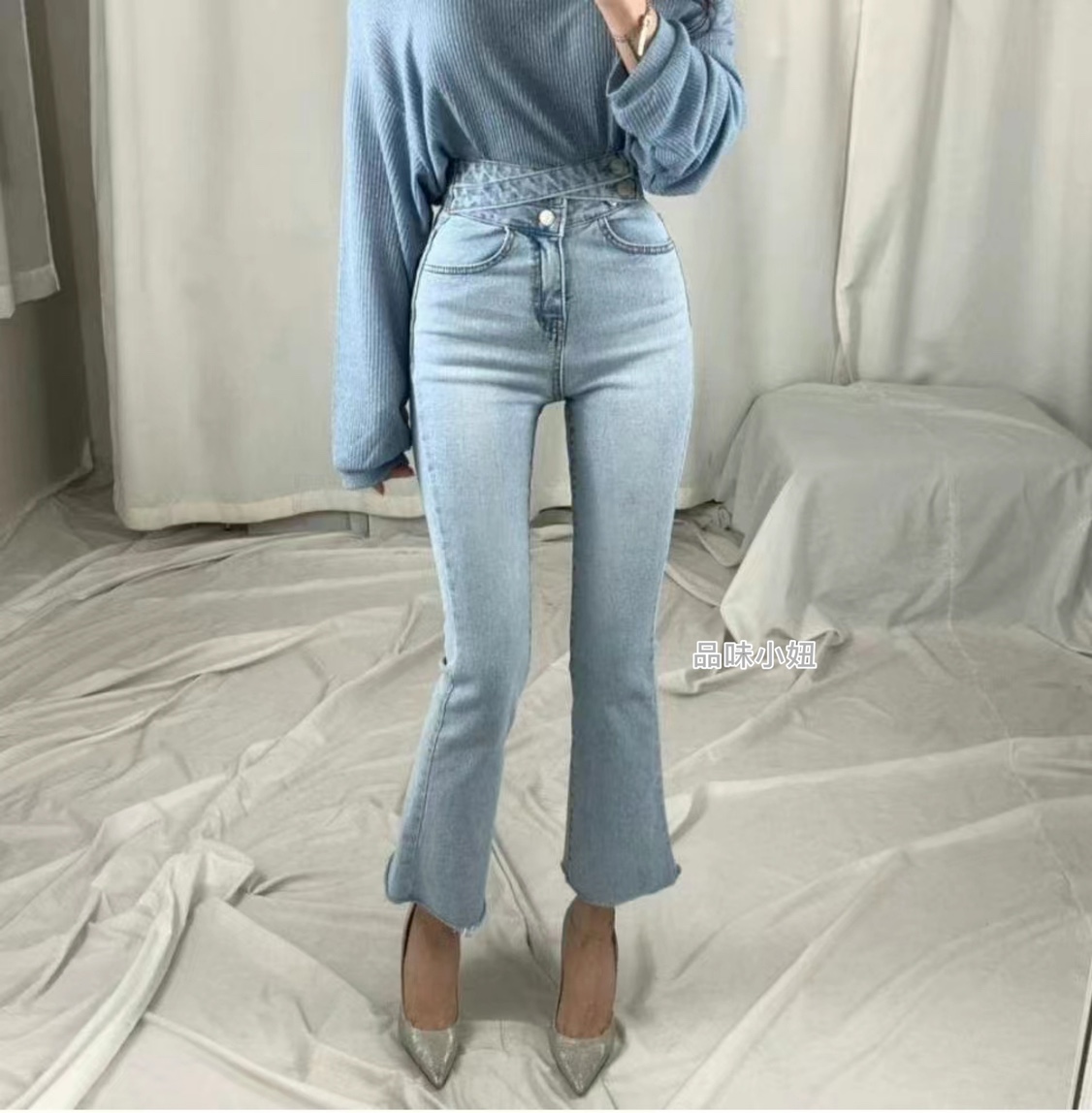 韩国直邮包邮2023年春夏女装东大门 poclain搭扣束腰式微喇牛仔裤